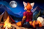 anthro bottomwear brown_body brown_fur camp campfire clothing fire frosting.ai fur glistening glistening_body glistening_eyes male moon mountains night orange_body orange_fur pants plant shirt smile solo star topwear tree mr_diddlez rosso_(mr_diddlez) ailurid mammal red_panda animated webm