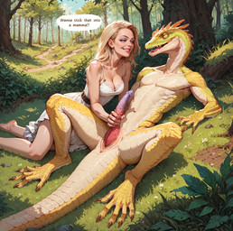 animal_genitalia anthro blonde_hair blue_eyes breasts claws cloaca cloacal_penis clothed clothing dress duo feet female female_on_anthro forest genitals grass hair handjob human_on_anthro interspecies leaf male male/female male_on_human penile penis plant rock scales sex speech_bubble spread_legs spreading tail teeth tree wood yellow_body yellow_scales yellow_sclera vermilion888 human lizard lizardman mammal reptile scalie absurd_res hi_res