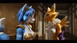 anthro arm_tattoo blue_body blue_fur bra breasts clothing duo duo_focus exposed_breasts female female/female fur group jewelry kissing medium_breasts skinny_female smile smirk tattoo underwear yellow_body yellow_fur animsaiuniverse digimon nintendo star_fox krystal_(star_fox) canid canine digimon_(species) fox mammal renamon animated hi_res webm