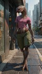 2_toes barefoot belt bottomwear cargo_shorts city city_background clothing cross cross_necklace detailed_background feet female front_view grey_body grey_skin jewelry midriff necklace pink_clothing pink_shirt pink_topwear shirt shorts sidewalk solo street toes topwear walking degenstoic alien sangheili absurd_res hi_res