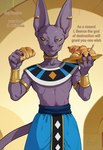 anthro big_ears clothed clothing eating egyptian_clothing food hairless jewelry looking_at_viewer male ring_piercing smile solo standing nonimousmate beerus domestic_cat felid feline felis hairless_cat mammal sphynx_(cat) absurd_res hi_res