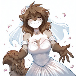 accessory anthro bare_shoulders big_breasts blush breasts brown_body brown_fur brown_hair choker cleavage clothed clothing digit_ring dress eyes_closed female flower flower_in_hair flower_petals front_view fur gem grey_body grey_fur hair hair_accessory inviting jewelry necklace petals plant reaching_towards_viewer ring simple_background smile solo standing strapless_clothing strapless_dress wedding_dress wedding_ring wedding_veil white_background white_body white_fur yan twokinds kathrin_vaughan felid mammal pantherine snow_leopard 2025 absurd_res hi_res portrait three-quarter_portrait