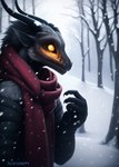 anthro attempted_signature blurred_background claws clothed clothing count_grey dark_theme detailed dragon forest fur glowing glowing_eyes grey_body grey_fur grin horn limited_palette male monster outside plant scales scalie scarf side_view smile snow snowing solo tree winter