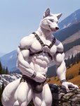 abs absurd_res anthro armband bracelet bulge bumblebee95 canid canine canis clothing detailed detailed_background detailed_fur fluffy fluffy_tail harness hi_res jewelry male mammal muscular pecs pubes realistic solo standing underwear wolf