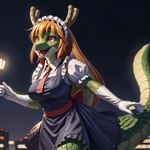 1:1 anthro big_breasts breasts city city_background clothed clothing dragon dragoness dress female furrfication gloves green_body green_scales hair handwear harmfulpilot hi_res horn long_hair maid_headdress maid_uniform miss_kobayashi's_dragon_maid necktie night night_sky non-mammal_breasts outside red_eyes reptile scales scalie smile solo tohru_(dragon_maid) uniform white_clothing white_gloves white_handwear