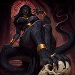 anthro black_body black_hair black_scales bone bracelet breasts clothing digit_ring fangs feet female foot_focus gold_(metal) gold_jewelry hair jewelry long_tail ring ring_(jewelry) scales scratches skull solo temple toe_ring yellow_eyes vermilion888 ashashee_(vermilion888) reptile scalie snake absurd_res dark_theme hi_res