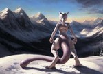 ambiguous_gender anthro generation_1_pokemon hands hi_res humanoid landscape legendary_pokemon looking_away mewtwo mountains painting paws plant pokemon_(species) rear_view snow solo stablexai standing tree