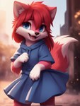 anthro black_nose blue_clothing blue_dress blue_eyes canid canine canis claws clothed clothing cub director_myrlonel dress fangs female fur hair hi_res looking_at_viewer mammal markings open_mouth outdoors pink_body pink_fur pink_hair raised_tail solo tongue wolf young