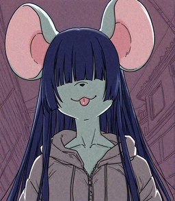 1990s anthro close-up clothing female female/female fur green_body green_fur hair hair_over_eyes hime_cut hoodie low-angle_view muted_colors outside purple_hair solo solo_focus tongue tongue_out topwear zipper holo_(director) mammal mouse murid murine rodent absurd_res hi_res