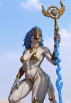 anthro bikini clothing female gold_(metal) gold_jewelry hammer jewelry necklace solo staff swimwear tools warhammer warhammer40k warhammer_fantasy lizzie_addams tzeentch avian hi_res