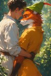 anthro bedroom_eyes clothed clothing disney duo embrace gloves handwear hat headgear headwear hug human_on_anthro interspecies male male/male male_on_anthro male_on_human medieval narrowed_eyes nature nature_background outside plant romantic romantic_ambiance romantic_couple seductive smile teenager tree tunic young young_adult extravirginweaseloil robin_hood_(disney) robin_hood canid canine fox human mammal red_fox hi_res