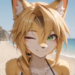 anthro beach blush female fur green_eyes looking_at_viewer mihoyo multicolored_body multicolored_fur one_eye_closed orange_body orange_fur outside seaside solo tan_body tan_fur two_tone_body two_tone_fur wink winking_at_viewer unknown_director zenless_zone_zero pulchra_fellini animal_humanoid felid felid_humanoid feline feline_humanoid humanoid mammal mammal_humanoid thiren 1:1 hi_res