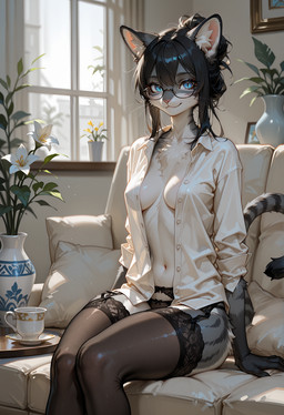 accessory anthro beverage biped black_clothing black_hair black_legwear blue_eyes breasts cheek_tuft chest_tuft clothed clothing container countershade_face countershade_fur countershade_torso countershading cup detailed_background dress_shirt eyebrows eyelashes eyewear facial_tuft female female_anthro flower fur furniture garter_belt garter_straps glasses glistening grey_body grey_fur hair inner_ear_fluff inside kemono legwear lingerie looking_at_viewer markings medium_breasts multicolored_body multicolored_fur navel on_sofa open_clothing open_shirt open_topwear pillow pink_nose plant plant_pot potted_plant shirt sitting sitting_on_sofa slim smile sofa solo stockings striped_body stripes tail tail_markings tea tea_cup teapot thigh_highs topwear tuft underwear vase whiskers white_body white_clothing white_fur white_shirt white_topwear window crashbandit domestic_cat felid feline felis mammal comfyui_(software) detailed digital_media_(artwork) hi_res illustrioussnafusuper_(model) portrait prompt_metainfo shaded