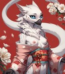 anthro asian_clothing beak blue_sclera breasts clothed clothing east_asian_clothing female floral_background flower flower_petals fur gloves_(marking) grey_spots japanese_clothing kimono looking_at_viewer markings neck_tuft nipples partially_clothed petals pink_nipples plant presenting presenting_breasts red_background simple_background small_breasts solo spots spotted_body spotted_fur topless tuft white_body white_fur oldhroft avian velari half-length_portrait hi_res portrait