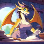 absurd_res accessory anthro apron bakery big_breasts blue_eyes breasts cleavage clothed clothing dragon female headband hi_res horn mane medieval_fantasy mrmystery non-mammal_breasts purple_clothing scales scalie smile solo wings yellow_body yellow_scales