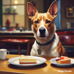anthro black_nose brown_eyes cake cheesecake collar collar_tag dessert food fruit fur inside male milk mug multicolored_body multicolored_fur plant plate raspberry solo tan_body tan_fur window cow_of_fire canid canine canis domestic_dog mammal 1:1