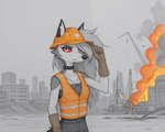 anthro armor building city clothing construction_worker detailed_background female fire hard_hat headgear helmet looking_at_viewer outside solo vehicle anonymous_director helluva_boss loona_(helluva_boss) canid canid_demon canine demon hellhound mammal