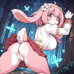 anthro anus bent_over bottomless bottomwear butt clothed clothing female forest genitals plant presenting presenting_hindquarters pussy skirt solo tree denis0k lagomorph leporid mammal rabbit