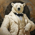 anthro black_necktie bowtie clothing genitals gesture male necktie pointing pointing_down solo suit white_suit bahufaru dexter_cullen_(bahufaru) mammal polar_bear ursid ursine