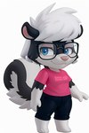 anthro barefoot black_and_white_fur blue_eyes bottomwear chibi clothing eyewear feet female fur glasses hair mammal mephitid multicolored_body multicolored_fur nendoroid pants pink_clothing pink_nose pink_shirt pink_topwear sabrina_(sabrina_online) shirt skunk skunk_tail solo technical_monkey topwear white_hair