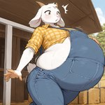 anthro belly big_belly blush bodily_fluids bottomwear breasts clothed clothing denim denim_clothing female fur hair horn hyper hyper_belly outside plant solo sweat topwear tree white_body white_fur ailycanroc_(director) bovid caprine goat mammal hi_res