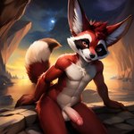 absurd_res anthro beach brown_eyes canid canine fennec fox frosting.ai genitals hi_res hybrid male mammal moon mr_diddlez penis procyonid raccoon seaside smile solo