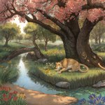 absurd_res creek crouching director_cougar felid female feral flower forest fur grassland hi_res huge_filesize lion mammal pantherine plant tan_body tan_fur tree yellow_eyes