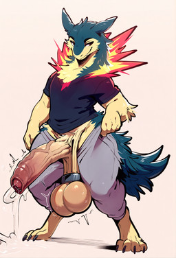 accessory ball_ring ball_stretcher balls balls_out bedroom_eyes big_balls big_penis biped blue_body blue_fur bodily_fluids bottomwear bottomwear_down claws clothed clothing dripping erection excessive_genital_fluids excessive_precum feet fire foreskin fur genital_fluids genitals huge_balls huge_penis humanoid_genitalia humanoid_penis hyper hyper_genitalia jewelry leaking_precum loose_foreskin male narrowed_eyes pants pants_down partially_clothed penis precum precum_drip precum_squirt presenting presenting_balls presenting_penis red_eyes saggy_balls seductive shirt simple_background smile solo standing sweat tan_body tan_fur testicle_cuff thick_veins throbbing_balls toe_claws toes topwear unretracted_foreskin vein veiny_penis yellow_body yellow_fur palekemono_(director) nintendo pokemon generation_2_pokemon mammal pokemon_(species) typhlosion hi_res