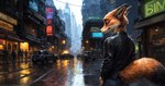 amazing_background anthro car city city_background clothed clothing detailed_background fully_clothed jacket looking_at_viewer looking_back looking_back_at_viewer male raining solo topwear vehicle zootopia hank94_(director) nick_wilde canid canine fox mammal attempted_signature hi_res oil_painting_(artwork) painting_(artwork) traditional_media_(artwork)