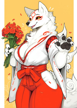 5_fingers asian_clothing big_breasts biped black_nose black_pawpads black_sclera bottomwear bouquet breasts chest_tuft claws cleavage clothed clothing east_asian_clothing female female_anthro finger_claws fingers flower fur gesture holding_object japanese_clothing kemono kimono looking_at_viewer markings miko_outfit open_mouth open_smile pawpads paws plant red_clothing red_markings simple_background smile solo standing tail teeth tuft waving waving_at_viewer white_body white_fur yellow_background yellow_eyes unknown_director okami_(capcom) amaterasu_(okami) canid canine canis deity mammal wolf absurd_res hi_res portrait