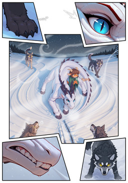 anthro blue_eyes clenched_teeth curled_up dialogue female feral fighting_pose group high-angle_view male mythology pose pupils slit_pupils snarling snow standing surrounded teeth nonimousmate gwen_(nonimousmate) ignir_(nonimousmate) bovid canid canine canis caprine cervid dragon goat hybrid mammal mythological_creature mythological_scalie scalie wolf comic hi_res