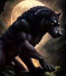 animal_genitalia anthro black_body black_claws black_fur black_nose canid canine canis claws feral full_moon fur genitals keebler male mammal moon nude paws penis poking_out rock sheath smirking_at_viewer solo wolf yellow_eyes