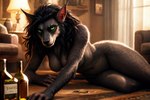 anthro big_breasts black_body black_fur blizzard_entertainment breasts canid canine drunk female fur green_eyes kauket kauket_blackmoore living_room mammal solo substance_intoxication warcraft were werecanid werecanine worgen world_of_warcraft