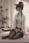 anthro bed bedroom brown_hair clock clothing digitigrade female flower furniture garter_straps hair hair_bun legwear looking_at_viewer nude plant shirt sitting smile solo tasteful_nudity teal_eyes thigh_highs topwear window director_crashbandit felid feline mammal hi_res novelai