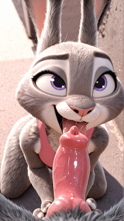 animal_genitalia animal_penis anthro bodily_fluids canine_genitalia canine_penis clothing crop_top duo female first_person_view fur genitals grey_body grey_fur hand_on_penis kneeling licking looking_up male male/female open_mouth oral penile penis penis_lick purple_eyes saliva saliva_string sex shirt tongue tongue_out topwear touching_penis wet wet_penis neural_bunny disney zootopia judy_hopps lagomorph leporid mammal rabbit hi_res