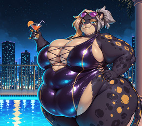 anthro big_breasts blue_eyes breasts city city_background clothing eyewear eyewear_on_head female grain(tm) huge_ass huge_breasts miyoko_umegashi obese overweight solo sunglasses sunglasses_on_head swimwear felid leopard mammal pantherine hi_res