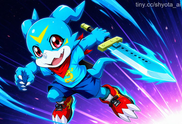 blue_body blue_clothing blue_scales clawed_shoes clothing feral footwear kerchief male melee_weapon red_eyes red_kerchief scales shoes solo sword weapon digimon digimon_adventure digimon_(species) veemon hi_res