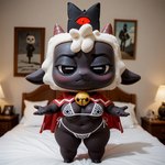 anthro bikini black_body bra breasts capelet chibi clothing crown female fur horn looking_at_viewer presenting print_clothing red_cape smile solo swimwear underwear white_body white_fur wool_(fur) doggyboy20 lamb_(cult_of_the_lamb) bovid caprine mammal sheep