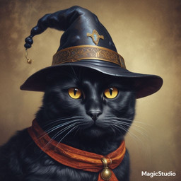 ambiguous_gender black_body black_fur black_nose clothing feral fur hat headgear headwear orange_eyes scarf solo whiskers wizard_hat cow_of_fire domestic_cat felid feline felis mammal 1:1 portrait