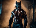 abs anthro atmospheric belt biceps bottomwear bottomwear_only bunny_brewster canid canine canis cinematic_lighting clothing denim denim_clothing jeans male mammal navel night pants pecs solo street were werecanid werecanine werewolf wolf