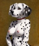 anthro areola black_nose breasts canid canine canis dalmatian domestic_dog female floppy_ears front_view fur hi_res mammal midriff nipples nude orange_eyes pikaflufftuft pink_areola pink_nipples portrait realistic simple_background solo spots spotted_body watermark white_body white_fur