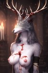 anthro antlers bandage blood bodily_fluids breasts canid canine covered_eyes detailed detailed_fur female horn mammal solo square vicar_amelia wendigo