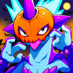 3_fingers ambiguous_anthro ambiguous_gender anthro biped blue_body fingers food fruit halloween holidays jack-o'-lantern looking_at_viewer mask moon plant pumpkin purple_body silhouette solo spikes telegram telegram_logo text tongue tongue_out sergalbutt halloween_2025 nintendo pokemon generation_8_pokemon low_key_toxtricity pokemon_(species) toxtricity 1:1 director_name signature url
