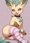 anthro brown_pussy circle_eyebrows clothing collar eyebrows female feral fluffy genitals gloves_(marking) legwear markings pussy semi-anthro solo thigh_highs tongue tongue_out leafeon_lover nintendo pokemon eeveelution generation_4_pokemon leafeon pokemon_(species) absurd_res hi_res