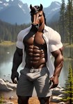 abs absurd_res anthro bottomwear bulge bumblebee95 clothed clothing detailed_background equid equine hi_res horse male mammal muscular partially_clothed pecs realistic shirt shorts solo standing topwear