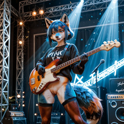 anthro bottomless clothed clothing concert female genitals guitar legwear musical_instrument playing_guitar playing_music plucked_string_instrument pussy solo stage standing stockings string_instrument denis0k canid canine canis mammal wolf