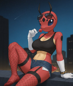 anthro black_clothing blue_clothing blue_eyes bottomwear breasts candy clothed clothing denim denim_clothing dessert eyewear female female_anthro fishnet fishnet_clothing fishnet_legwear food gloves handwear legwear lollipop looking_at_viewer red_body safe_(disambiguation) shorts solo sunglasses white_clothing lewdtf nintendo pokemon arthropod pokemon_(species) invalid_tag 2025 4k digital_drawing_(artwork) digital_media_(artwork) hi_res stable_diffusion