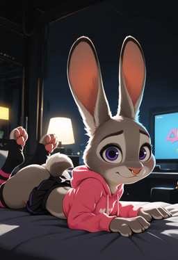 3_toes 4_fingers bed bedroom bent_legs black_clothing blush bottomwear butt claws clothed clothing countershade_feet countershading detailed_background electronics eyebrows eyelashes facial_piercing feet female fingers footwear fur furgonomics furniture grey_body grey_fur hoodie inside legwear long_ears looking_at_viewer lying miniskirt multicolored_body no_underwear nose_piercing nose_ring on_bed on_front pawpads paws piercing pink_clothing pink_nose pink_pawpads pink_topwear purple_eyes raised_calf ring_piercing septum_piercing septum_ring short_tail skirt smile socks soles solo tail thigh_highs toeless_footwear toes topwear tuft white_body white_fur lagomorph leporid mammal rabbit absurd_res hi_res shaded