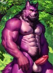 abs anthro balls bernard_(ok_k.o.!_lbh) biceps black_nose body_hair canid canine canis cartoon_network chest_tuft claws dogarrowtype erection fur genitals humanoid_genitalia humanoid_penis looking_at_viewer male mammal muscular muscular_anthro muscular_male neck_tuft nipples nude outside pecs penis pink_body pink_fur plant pubes purple_body purple_fur smile solo standing tree tuft wolf yellow_eyes