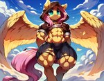 abs biped cloak clothing cloudscape female feral hands_behind_back hooves muscular muscular_female sky solo solo_focus spread_wings torn_clothing wings eeuwqrlx friendship_is_magic my_little_pony fluttershy_(mlp) equid equine mammal absurd_res hi_res